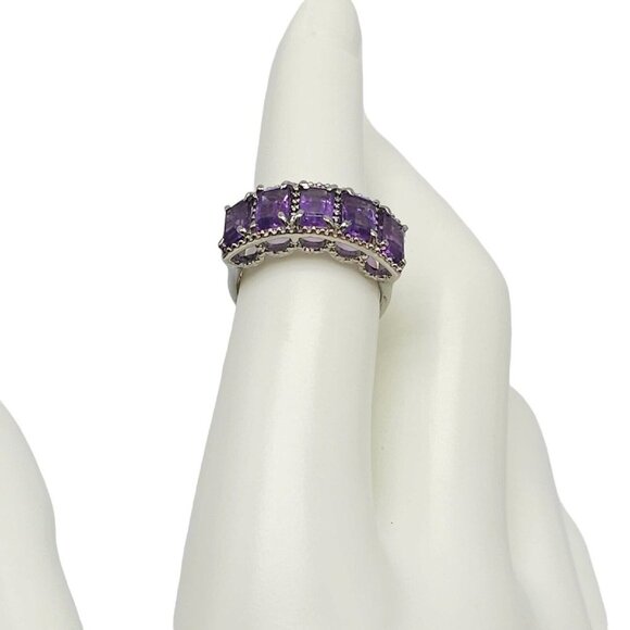 Purple Amethyst Filigree Panel Ring Silver Plated Size 6 Signed SB - Picture 3 of 7